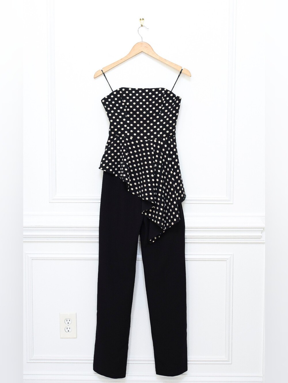 Black Halo Parma Jumpsuit Strapless Polka Dot Asymmetrical Peplum Size 2 Evening - Picture 2 of 12